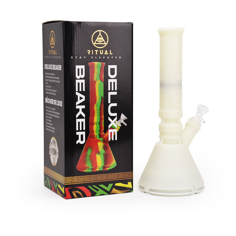 Ritual 12'' Deluxe Silicone Beaker in Titanium White UV next to its packaging, front view