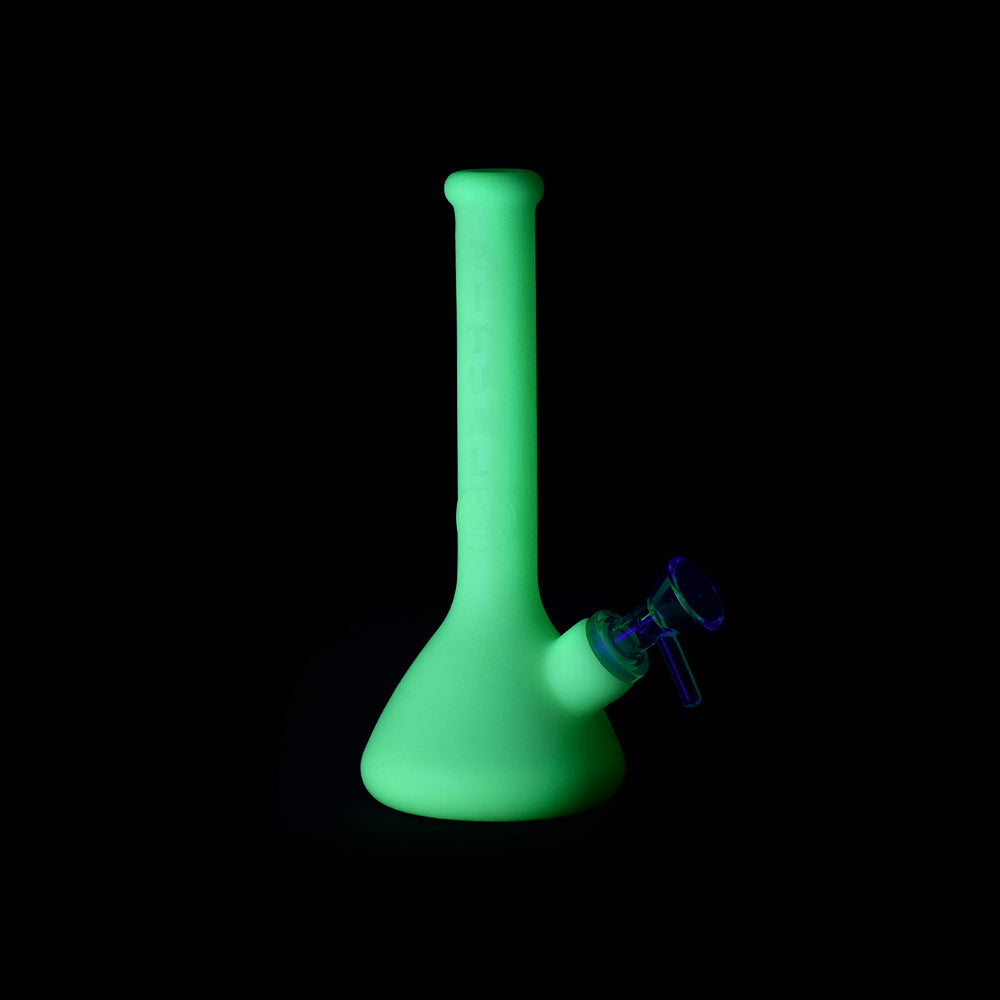 Ritual 7.5'' Deluxe Silicone Mini Beaker in UV Titanium White, glow effect, side view on black background
