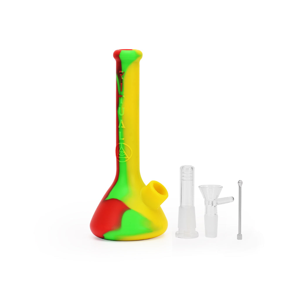 Ritual 7.5'' Deluxe Silicone Mini Beaker in Rasta colors with accessories, front view