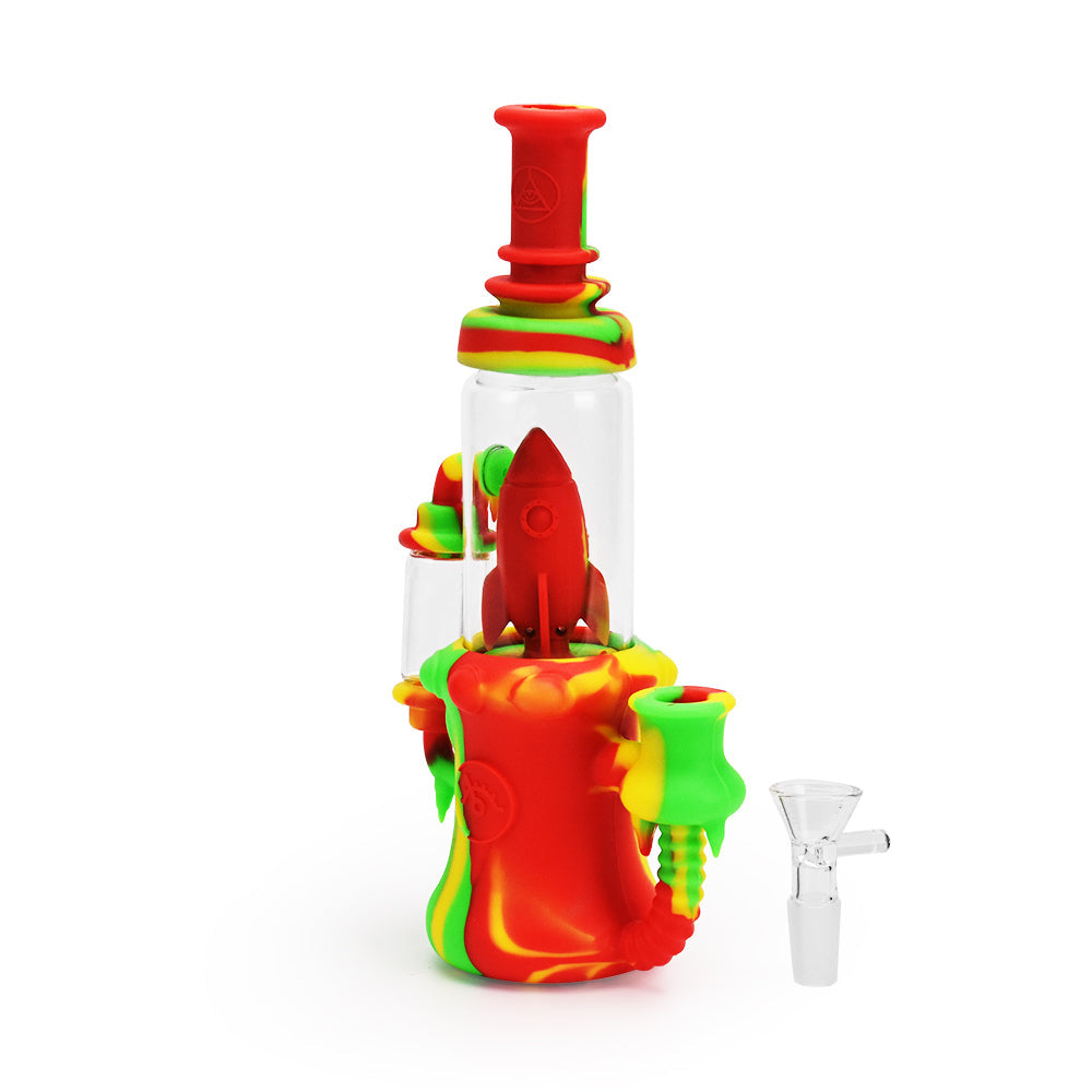 Ritual 8.5'' Silicone Rocket Recycler Bong, Rasta colors, compact design, front view on white background