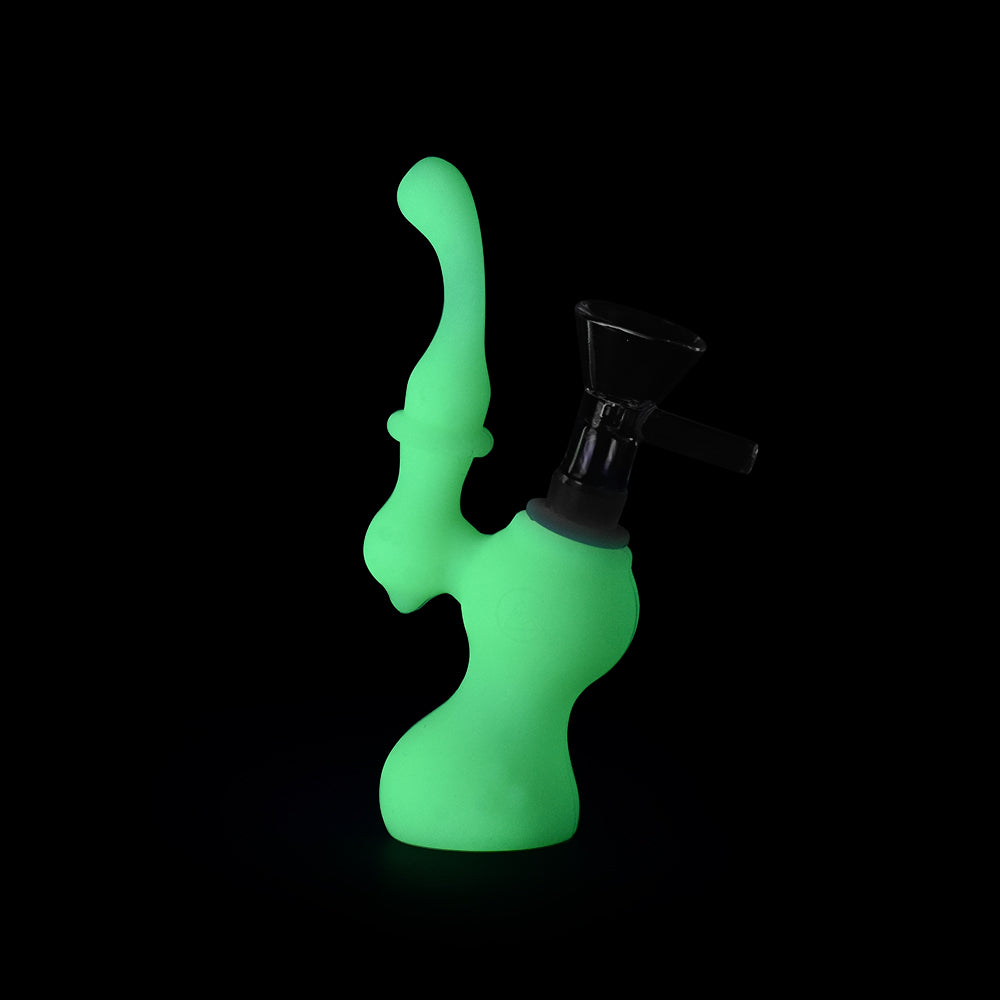 Ritual 5'' Silicone Upright Bubbler in UV Titanium White glowing in dark, front view