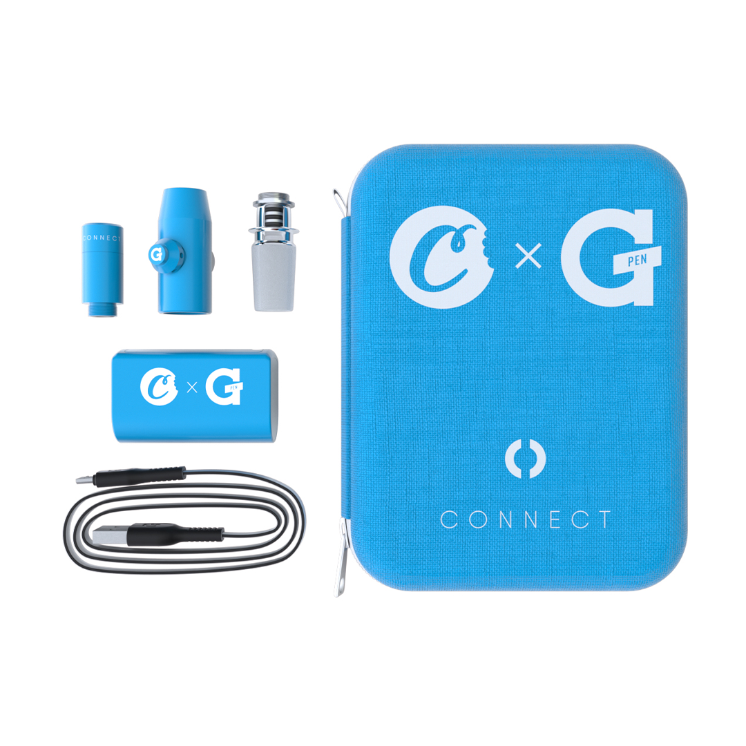 GPen Connect Vaporizer Kit by Grenco Science with accessories and blue carrying case, top view
