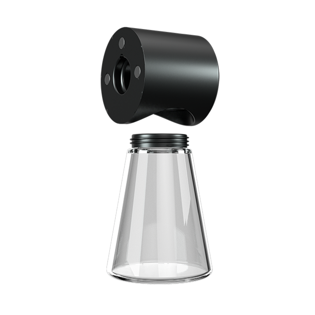 Stündenglass Ash Catcher with Clear Cone and Black Lid - Front View on White Background