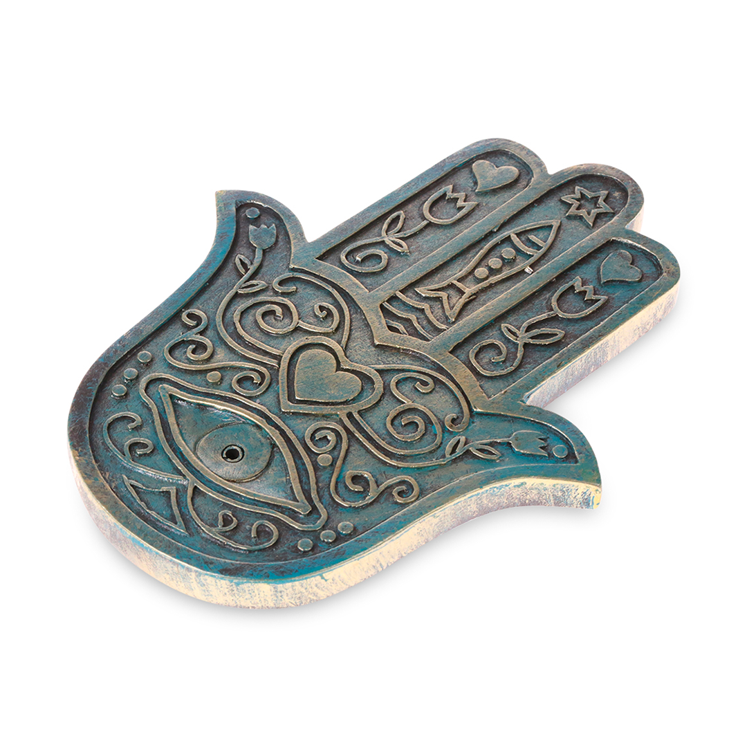 Fantasy Blue Hamsa Incense Stick Burner, Polyresin, Top View on White Background