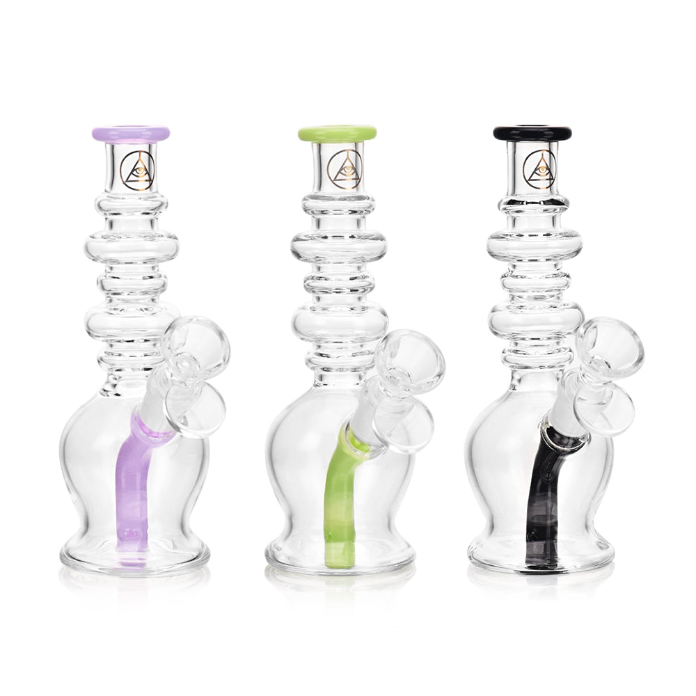 Ritual Smoke Ripper Bubblers in Slime Green, Purple, and Black, Front View with Percolator Detail