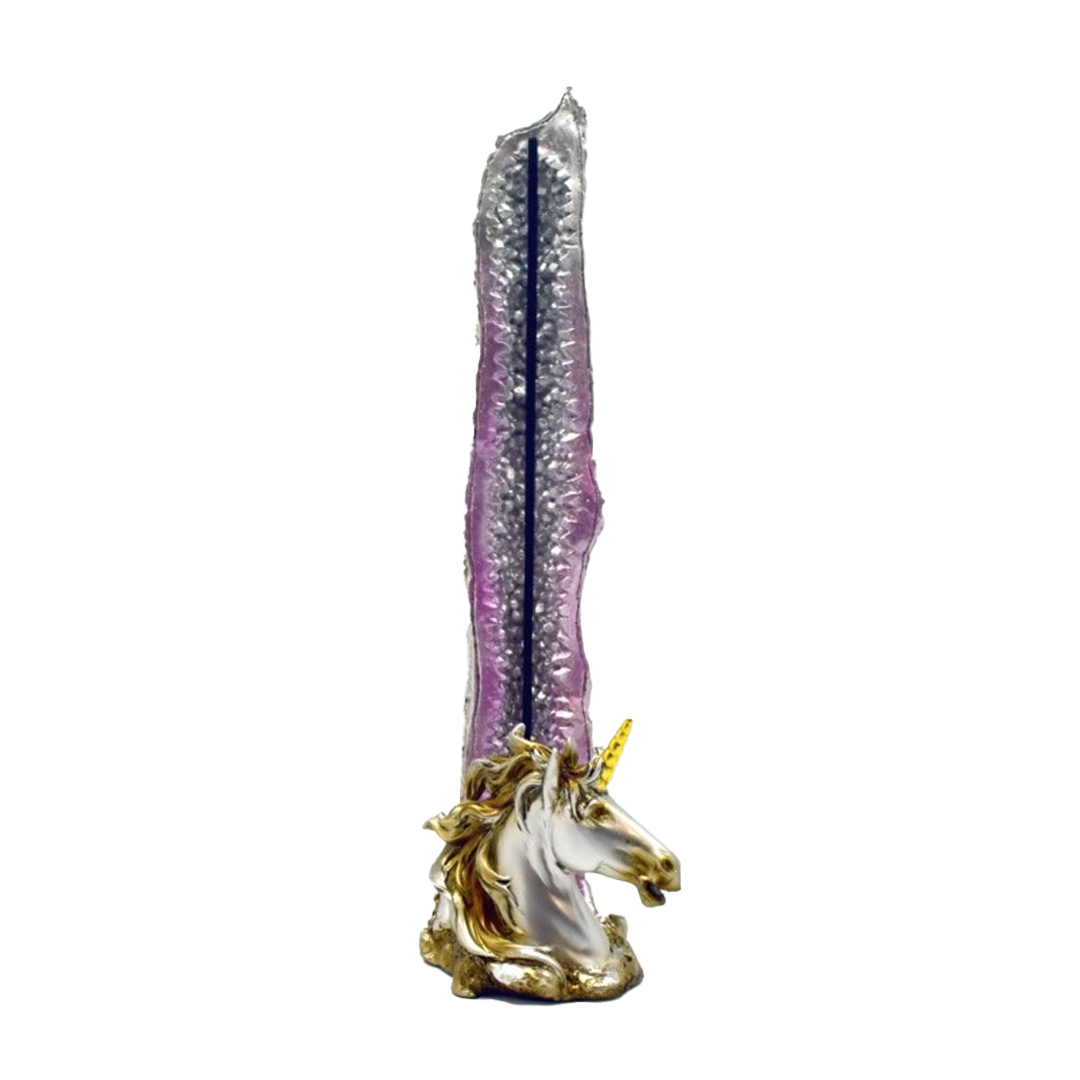 Fantasy Tower Incense Burner featuring a majestic unicorn base with a shimmering tower, front view
