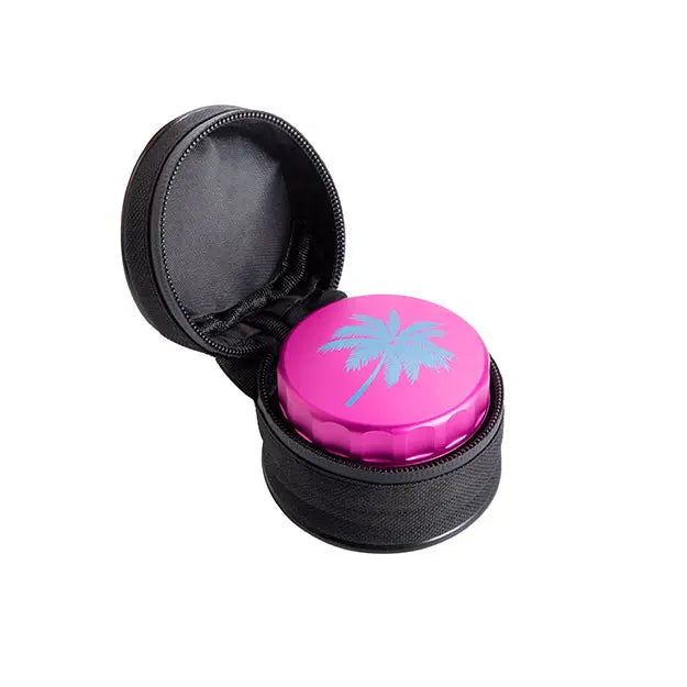 SunGrinder Carrying Case by Sunakin America with pink top and palm design, open view