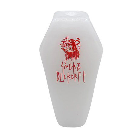 BlackCraft Cult Coffin Glass Pipe 4.5" Gothic Hand Pipe in White with Red Graphics, Front View