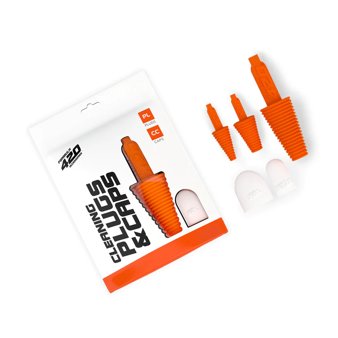 Formula 420 Cleaning Plugs & Caps set for bong maintenance on white background