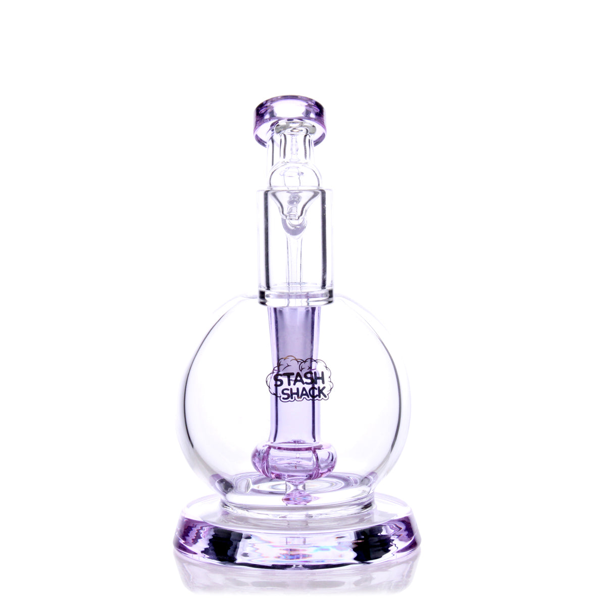 The Stash Shack TerpGlobe Mini Rig in clear borosilicate glass, front view, with showerhead percolator