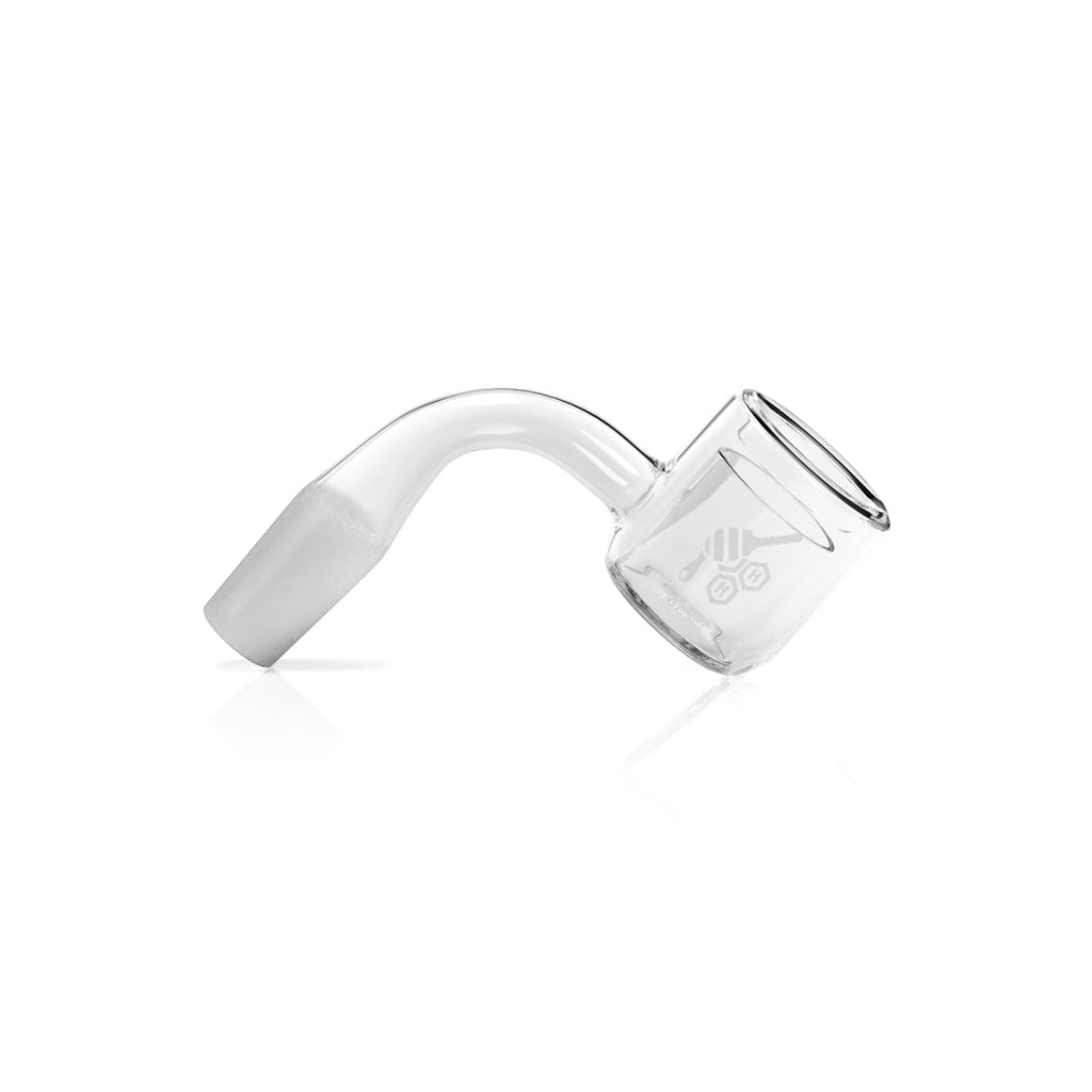 Honeybee Herb Thermal Quartz Banger at 90° angle, clear flat top design for dab rigs, side view