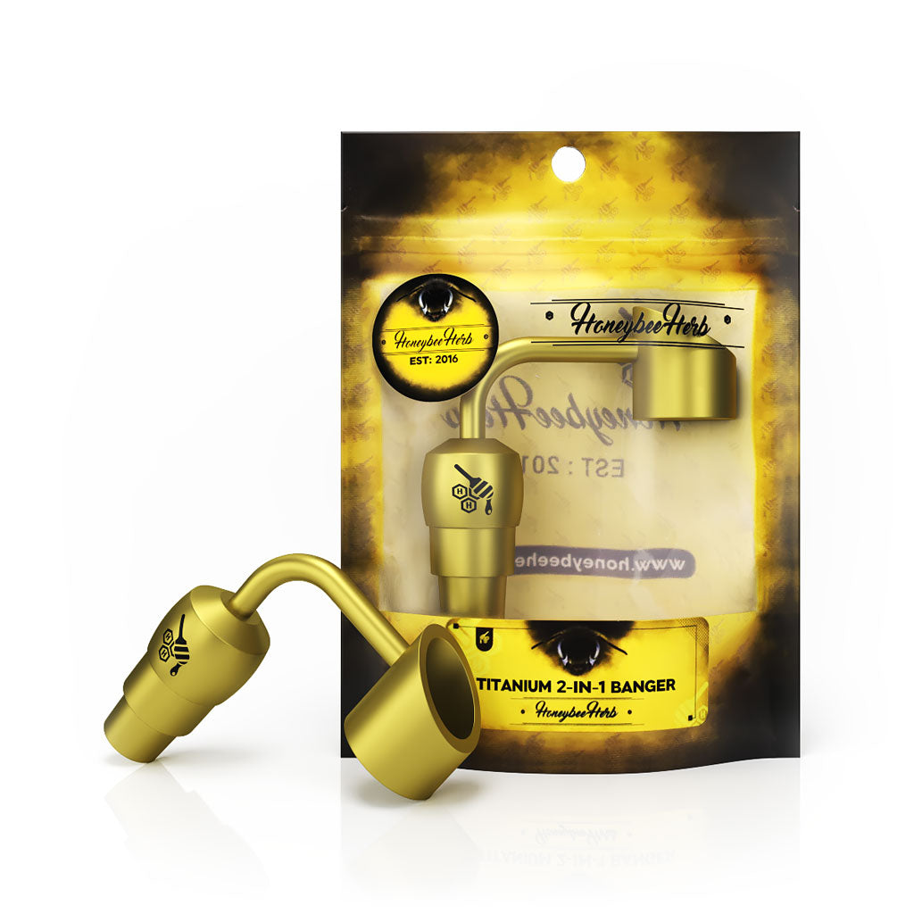 Honeybee Herb Gold Titanium 2 in 1 Banger Dab Nail for E-Rigs, front view on packaging