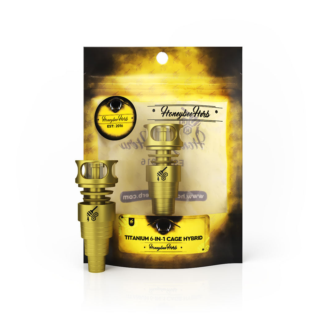 Honeybee Herb Titanium 6 in 1 Cage Hybrid Dab Nail in Gold, front view on branded packaging