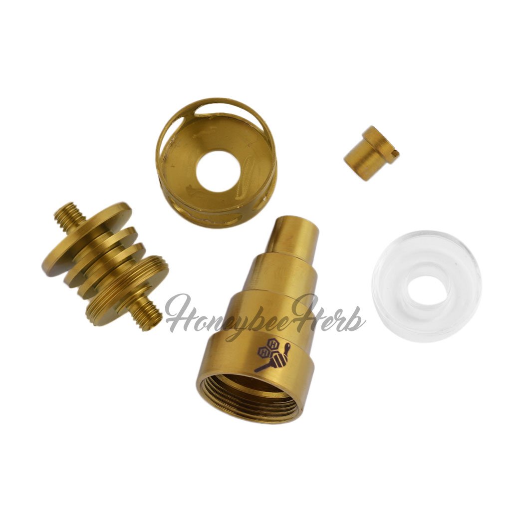Honeybee Herb Titanium 6 in 1 Cage Hybrid Dab Nail in gold, disassembled view for e-rigs and dab rigs