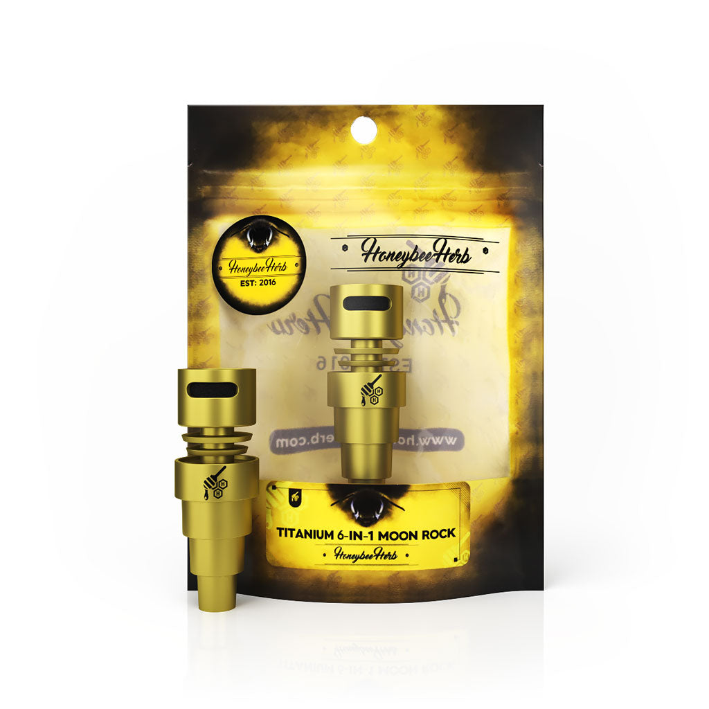Honeybee Herb Titanium 6 in 1 Moon Rock Dab Nail in Gold, displayed on packaging