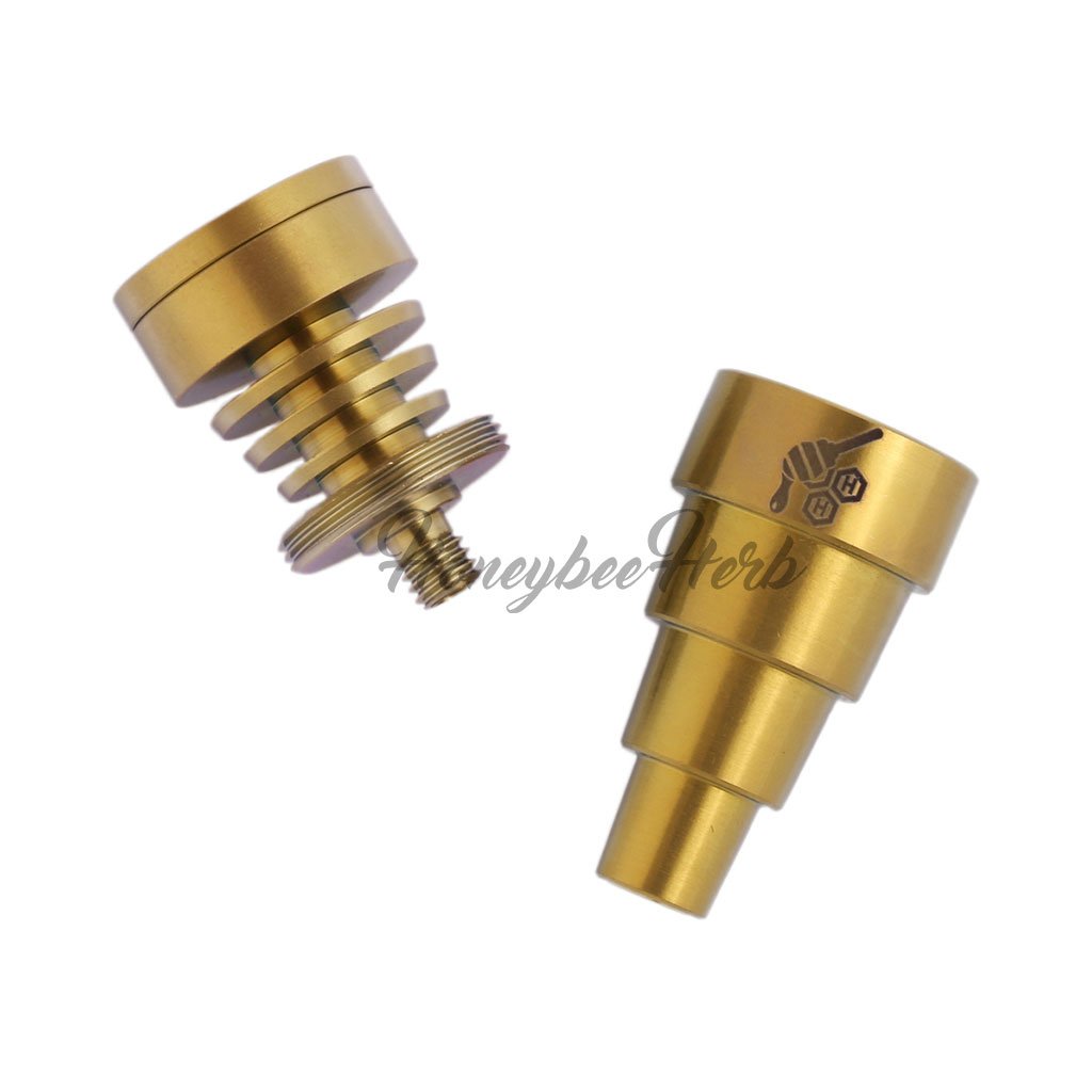 Honeybee Herb Titanium 6-in-1 Skillet Dab Nail in Gold, versatile joint sizes, ideal for dab rigs