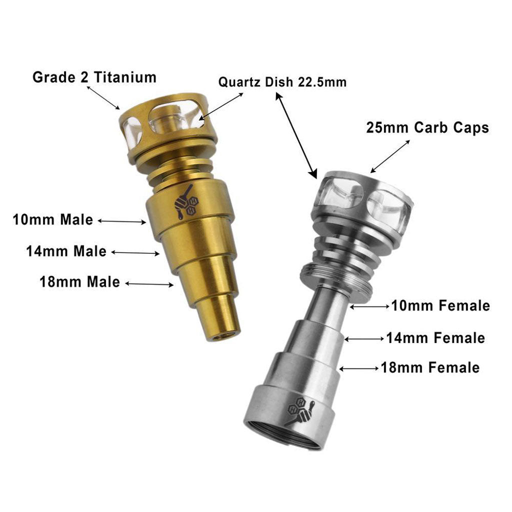 Honeybee Herb Titanium 6 in 1 Cage Hybrid Dab Nail in Gold and Silver variants, top view
