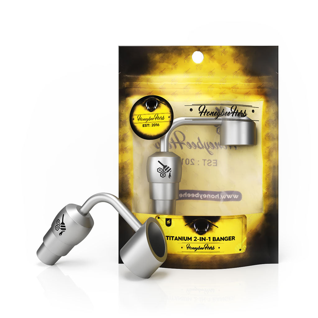 Honeybee Herb Titanium 2-in-1 Banger Dab Nail in silver, displayed on packaging