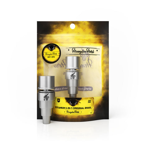 Honeybee Herb Titanium 6-in-1 E-Nail Dab Nail in Silver, 20mm, on branded packaging