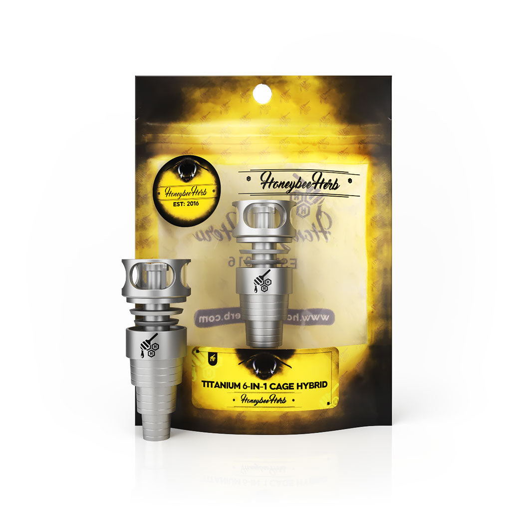 Honeybee Herb Titanium 6 in 1 Cage Hybrid Dab Nail in silver, displayed on branded packaging