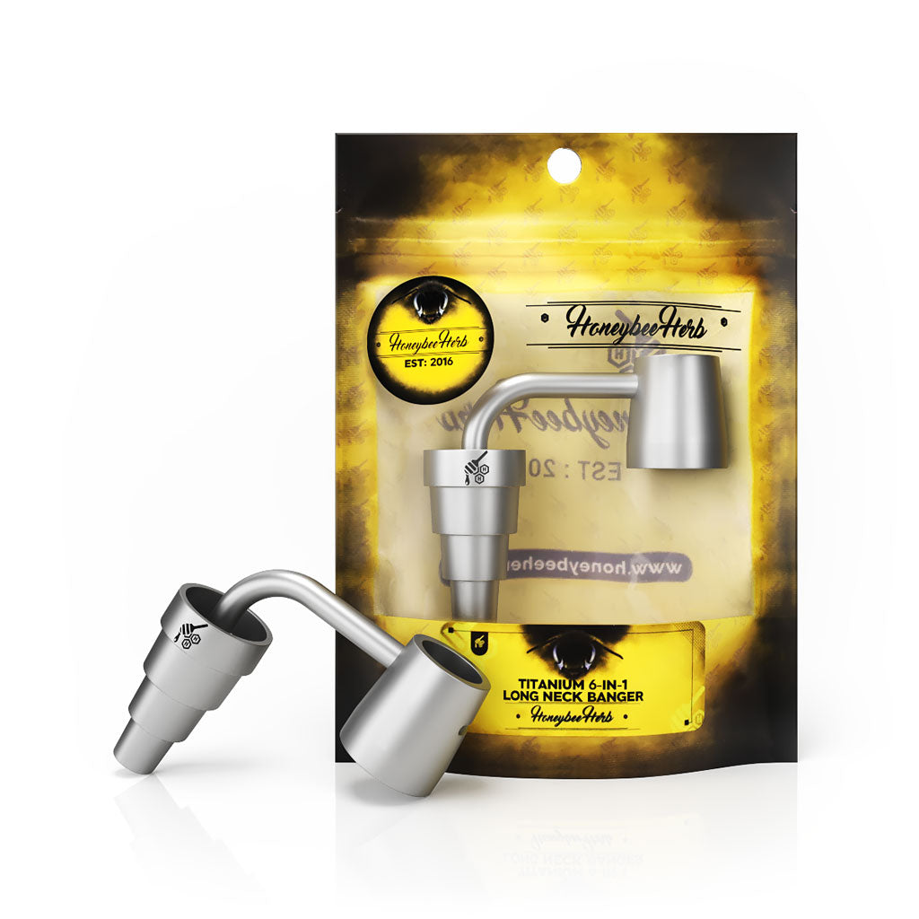 Honeybee Herb Titanium 6 in 1 Long Neck Banger Dab Nail in Silver on Display Packaging