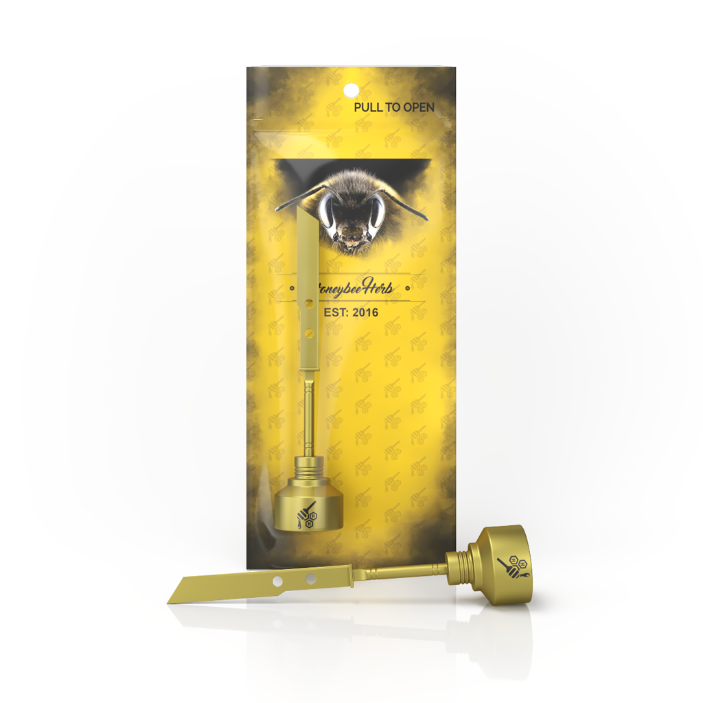 Honeybee Herb Titanium Sword Carb Cap in Gold, 25mm, for Dab Rigs - Front View on Branded Packaging