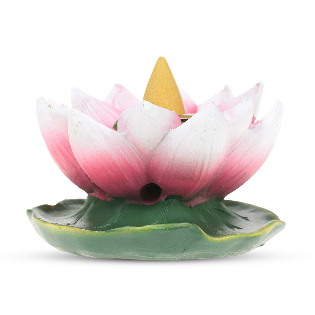 Fantasy Enchanted Backflow Incense Burner shaped like a pink lotus flower, front view on white background