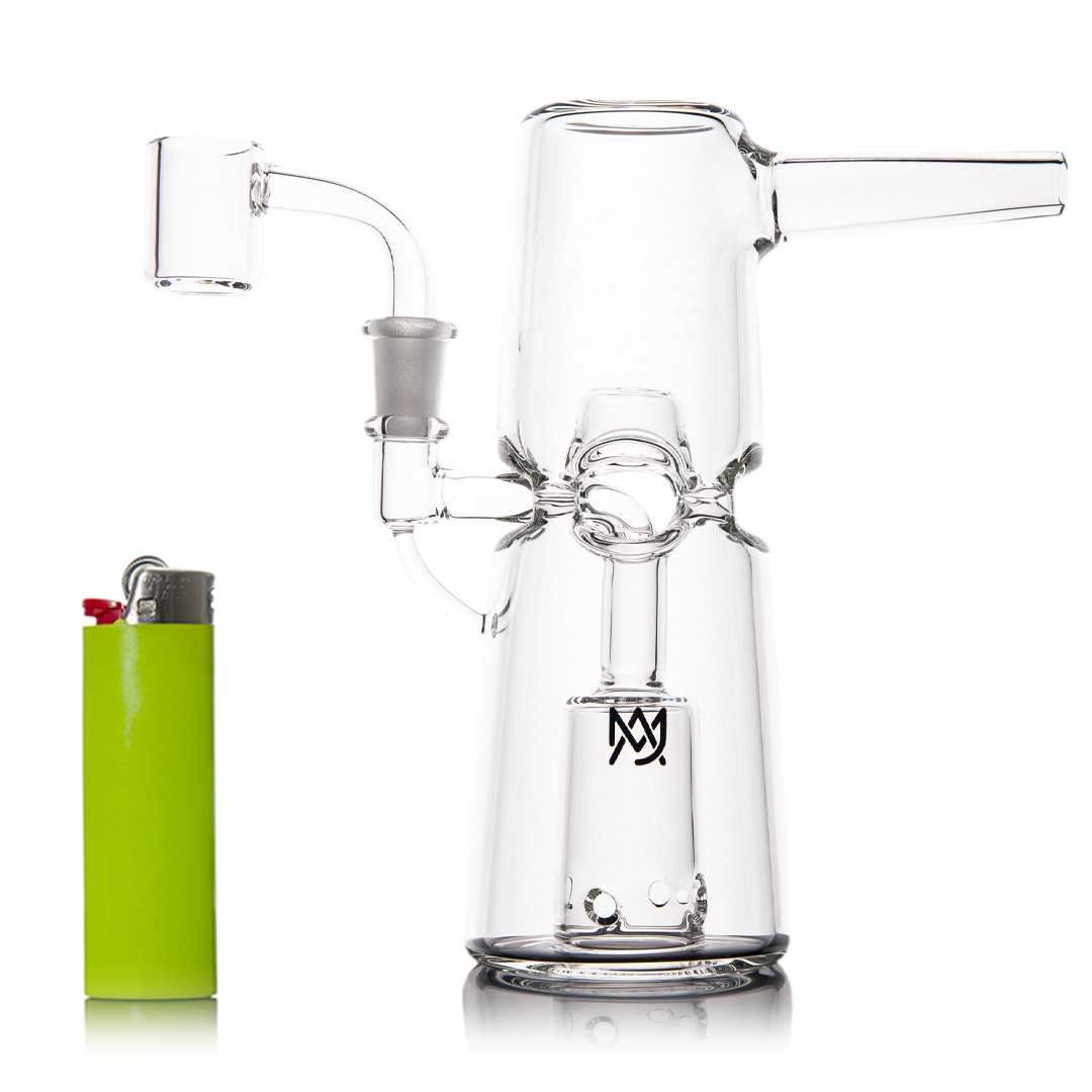 MJ Arsenal Turret Mini Dab Rig with Quartz Bucket - Front View with Green Lighter