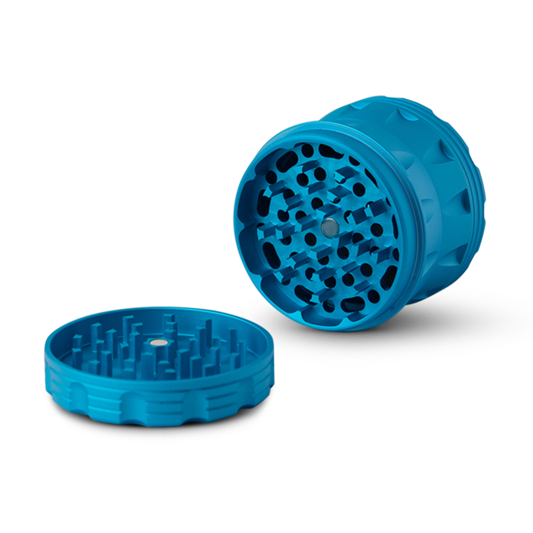Human Grade Grinder 2A in blue, 2.5" 4-Piece, angled view showing teeth and chambers