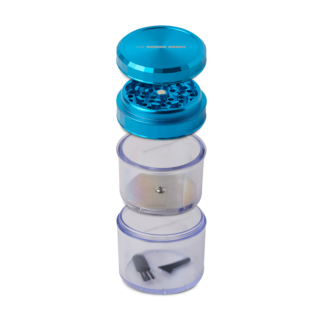 Human Grade Storage Grinder 1A (2.5") in blue with clear compartments - Front View