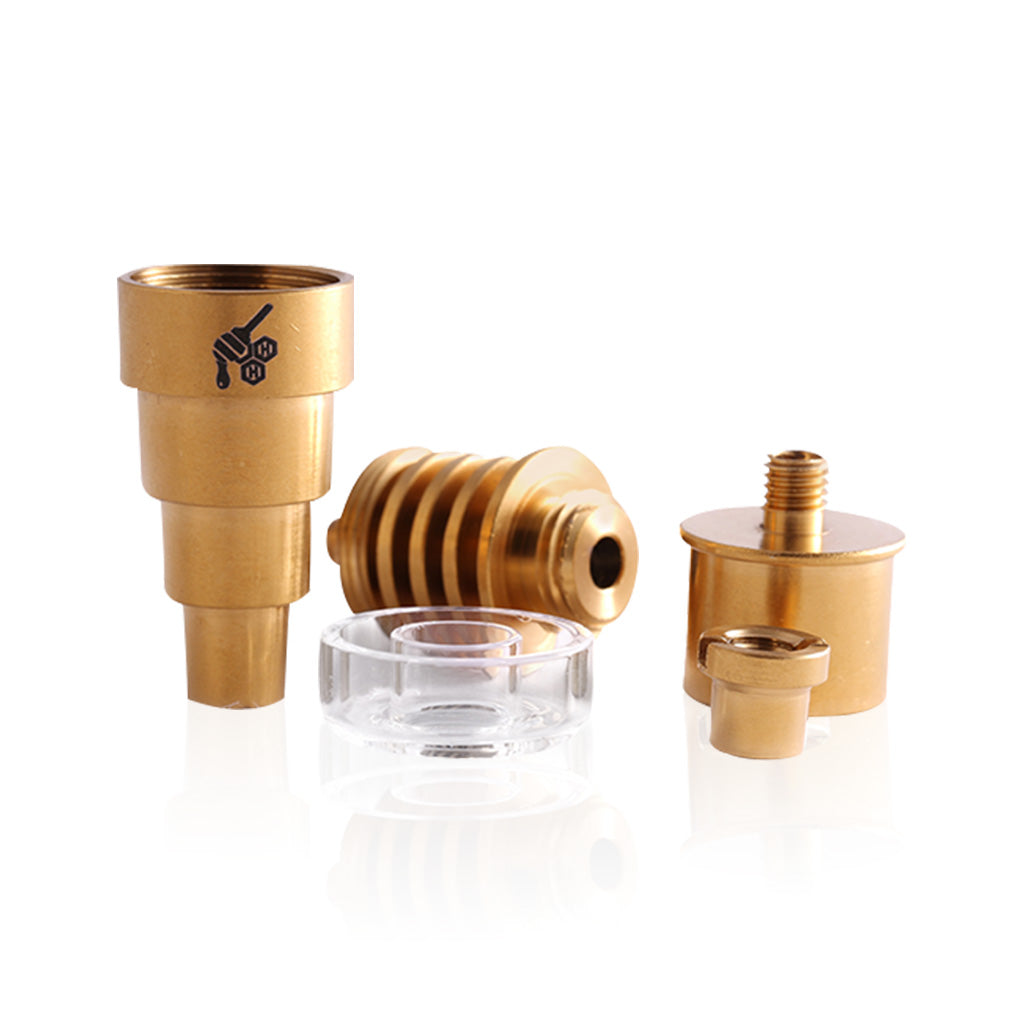 Honeybee Herb Titanium 6-in-1 Hybrid Dab E-Nail set in gold, front view on white background