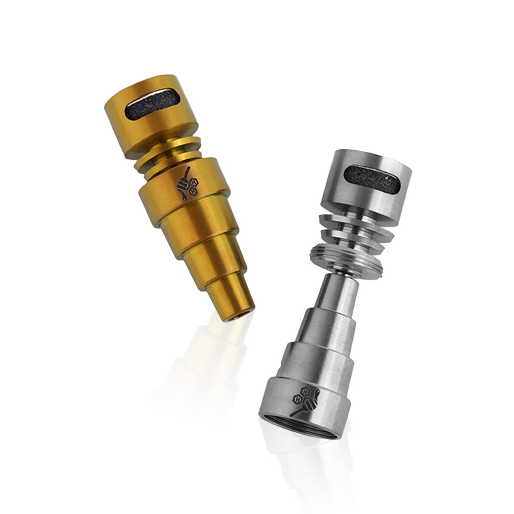 Honeybee Herb Titanium 6 in 1 Moon Rock Dab Nails in Gold and Silver, Angled View