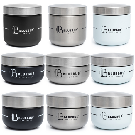 BUNKER Airtight Stash Jar by Blue Bus Fine Tools in Black, Silver, Blue - Front View