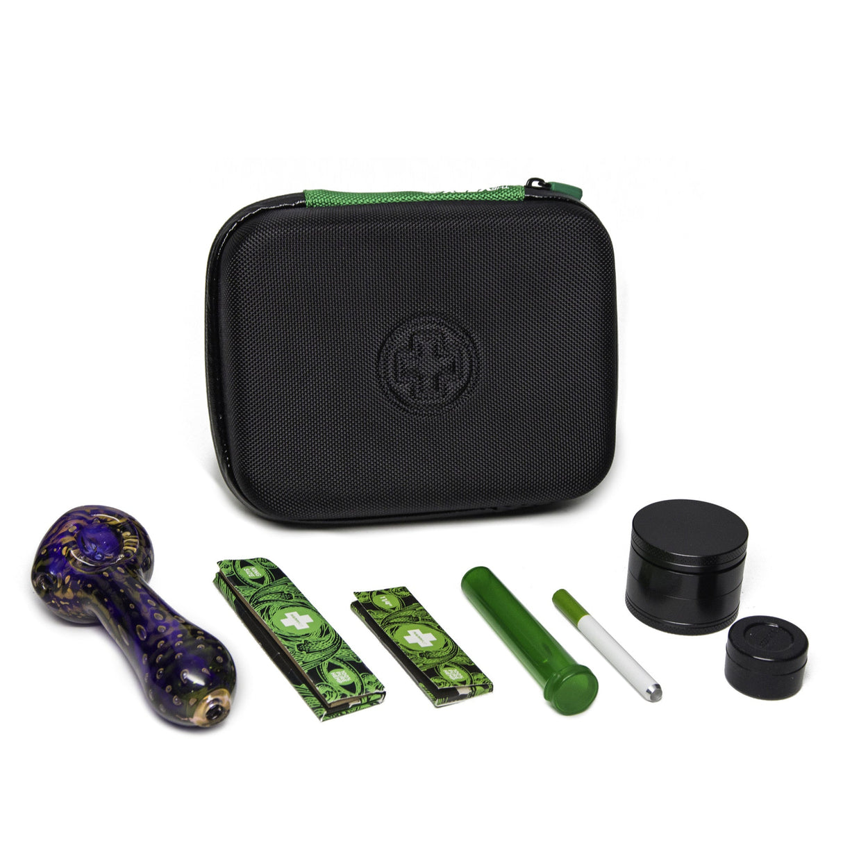 The Very Happy Kit in Black with glass pipe, grinder, and accessories on white background