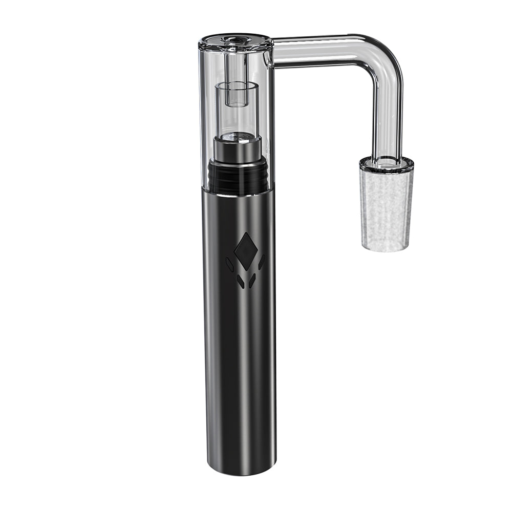 VLAB Vlex Vape Pen to Rig Adapter in black, 90-degree quartz banger, side view on white background