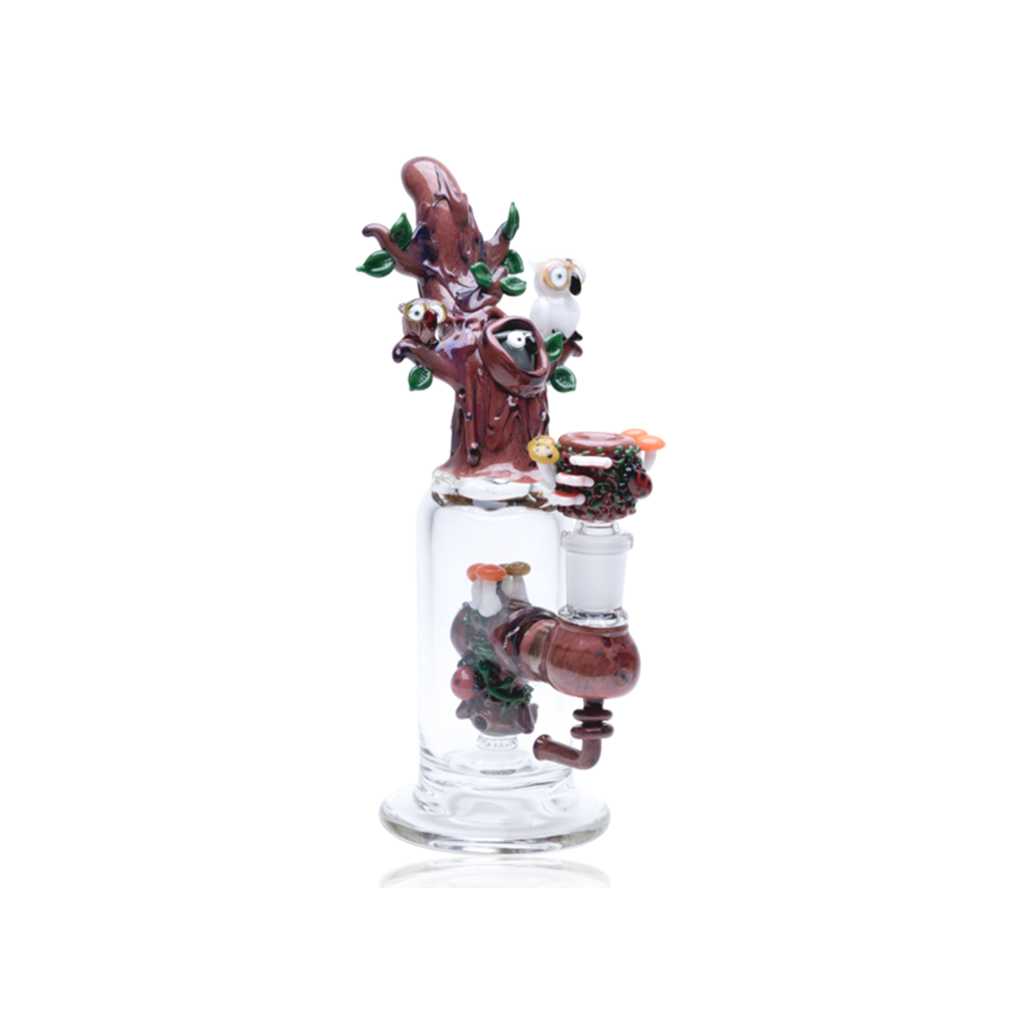 Empire Glassworks Hootie's Tree Mini Rig with intricate owl and tree design, front view on white background