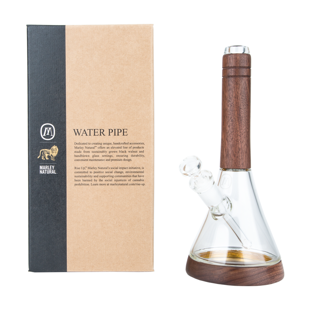 Marley Natural Glass and Walnut Waterpipe with Box - Clear Beaker Bong Side View