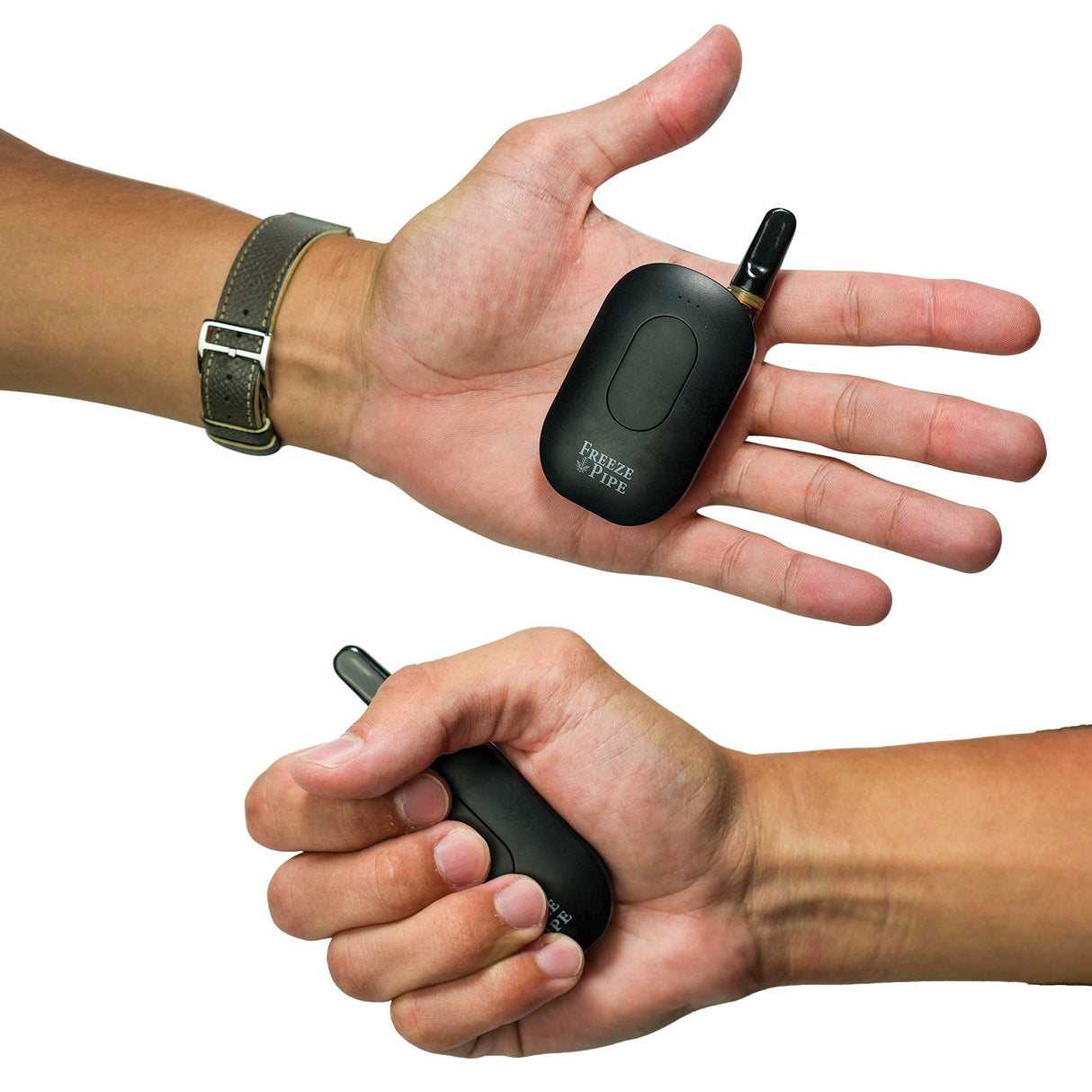 Freeze Pipe Vape Pen held in hands showing compact size and ergonomic design, ideal for on-the-go use