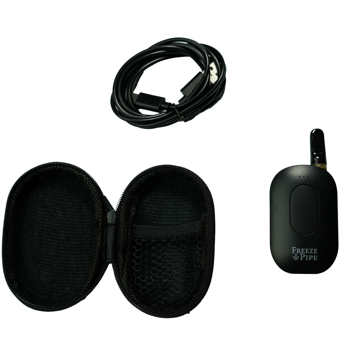 Freeze Pipe Vape Pen with USB Charger and Carrying Case on White Background