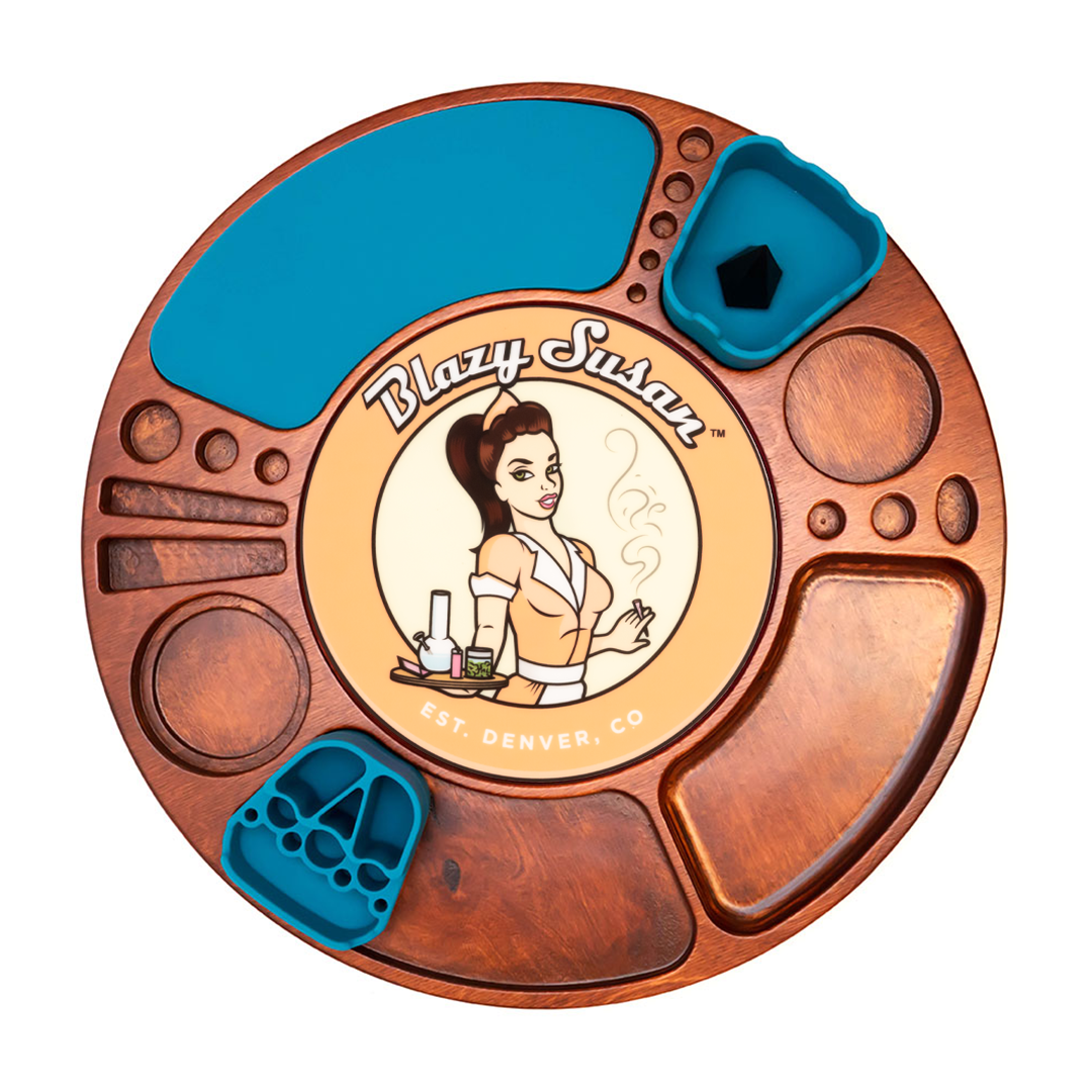 Blazy Susan Cherry Wood Spinning Rolling Tray in Light Blue, Top View with Compartments