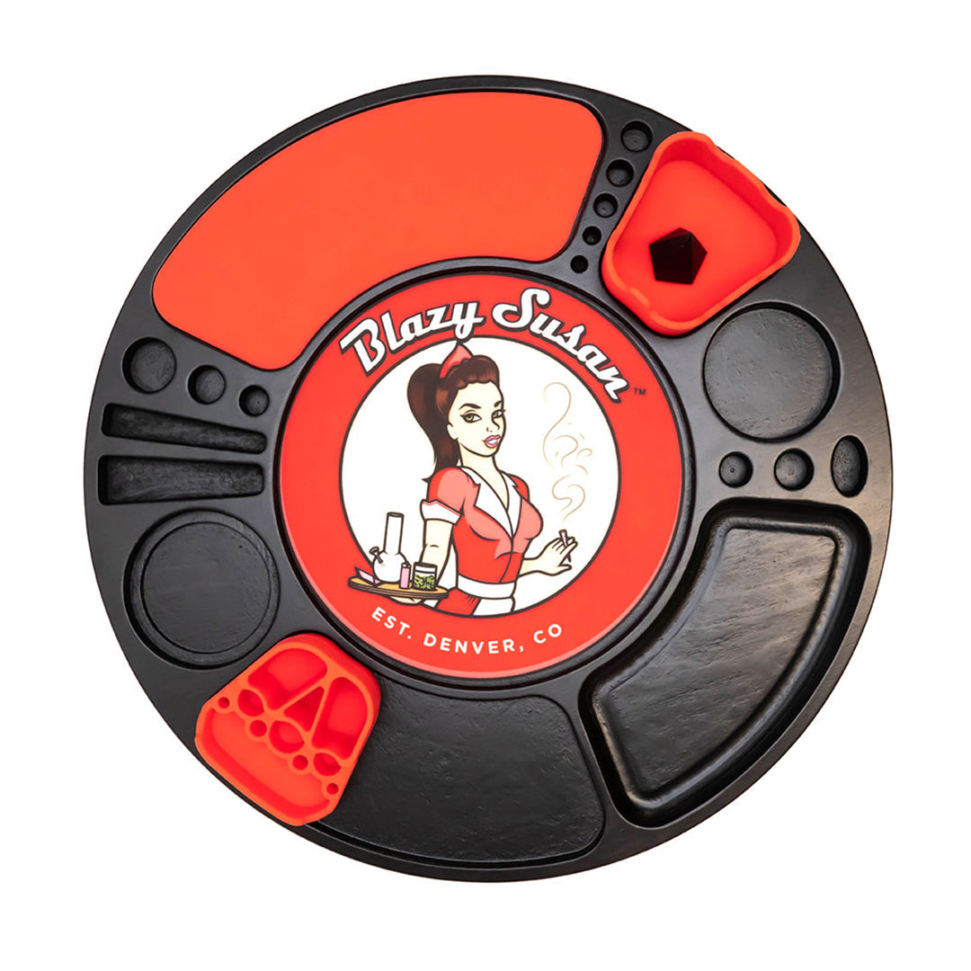 Blazy Susan Spinning Rolling Tray in Black and Red, Top View with Multiple Compartments