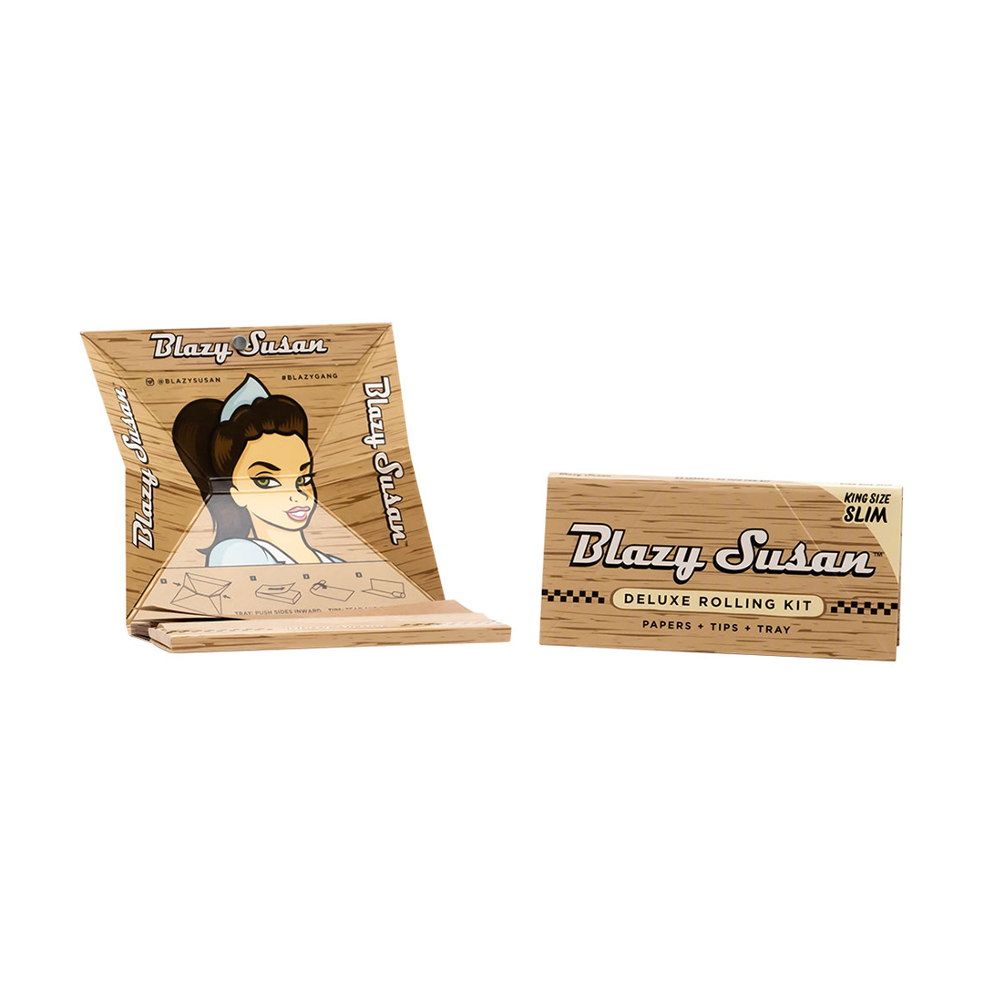 Blazy Susan Unbleached 1 1/4 Rolling Papers on white background, front and side view