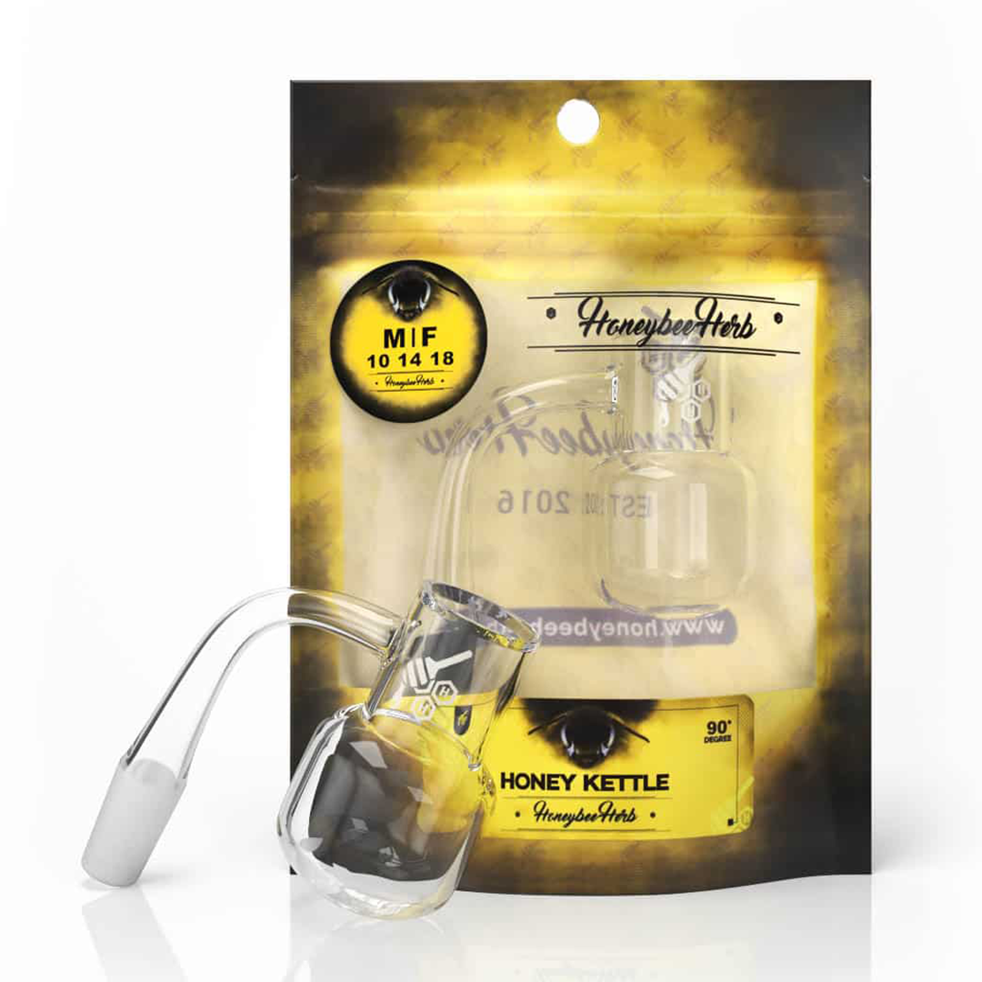 Honeybee Herb Banger with flat top design, 14mm female joint at 90 degrees, clear quartz, front view