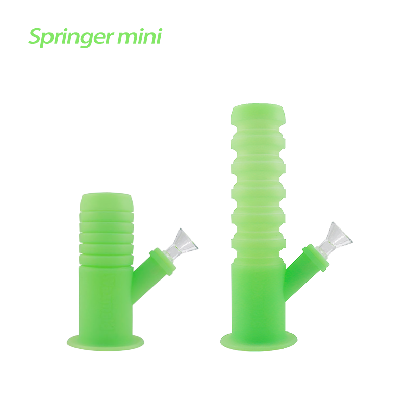 Waxmaid Springer Mini Silicone Water Pipe in GID Green, Collapsible Design, Front and Extended Views