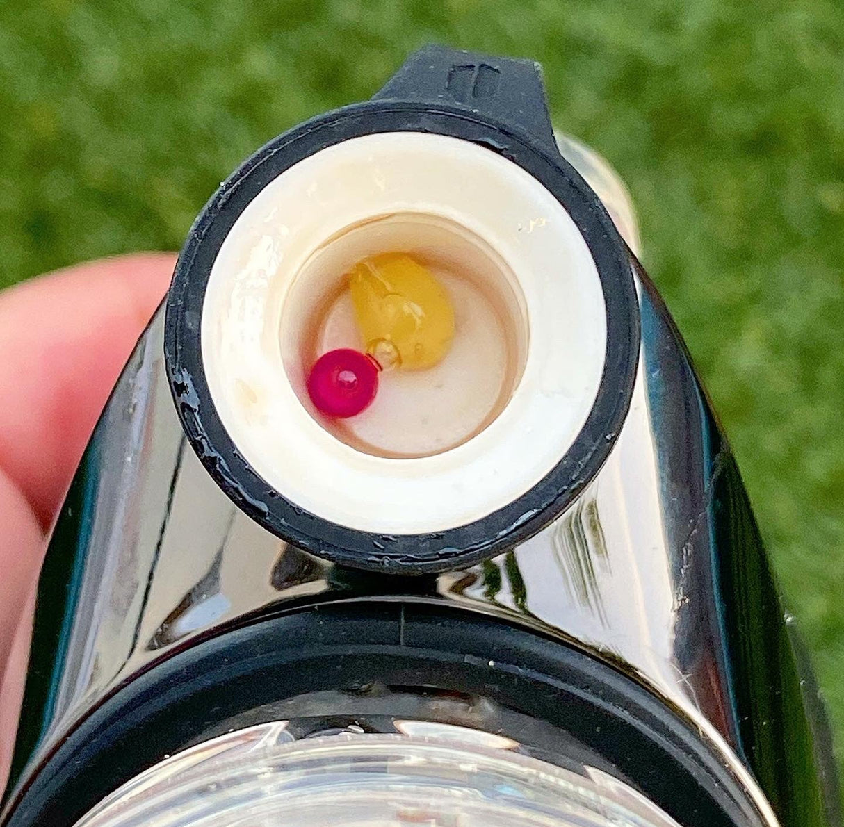 VLAB Ruby Terp Pearls in Dab Rig, Close-up View, Enhances Flavor, Vortex Cap Compatible