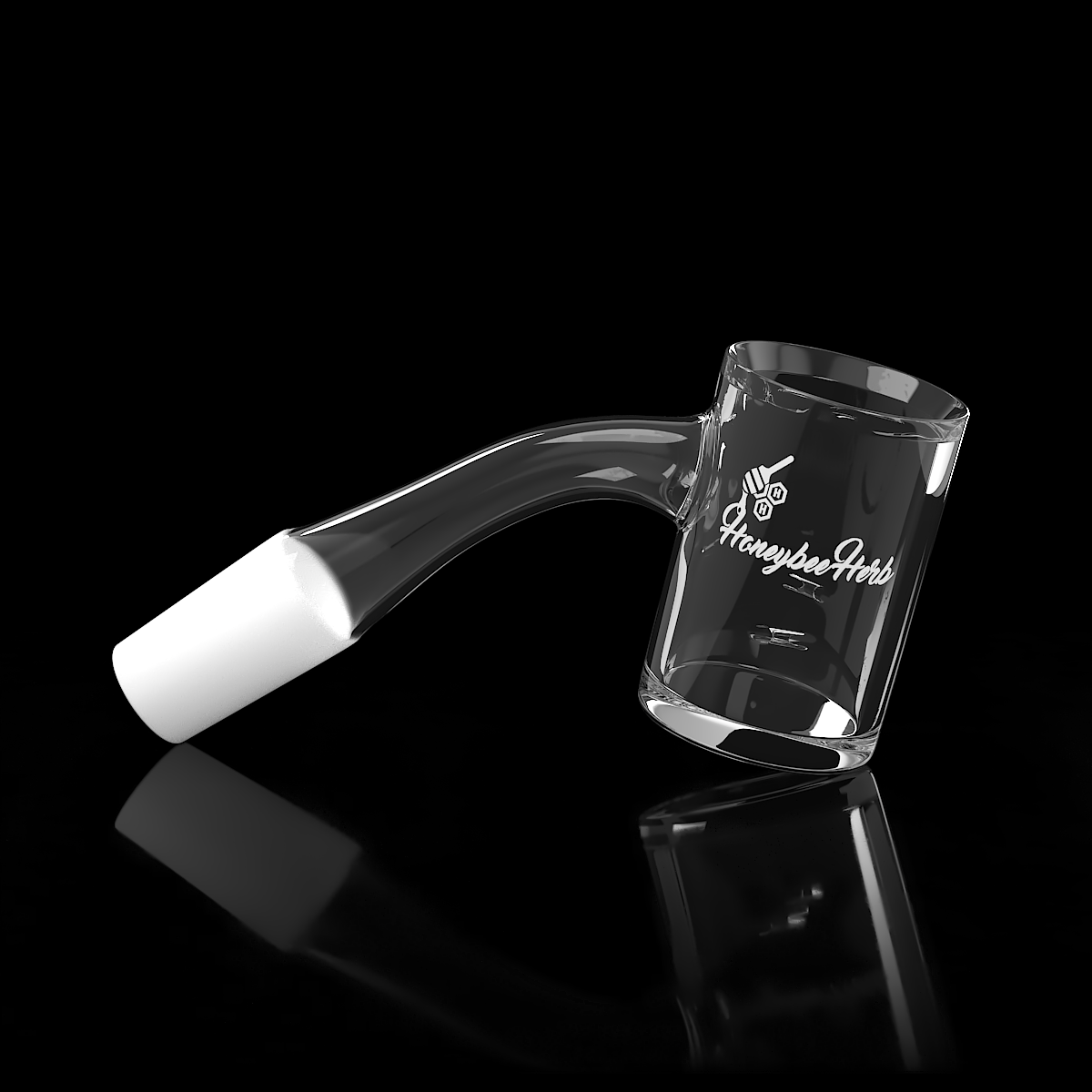 Honeybee Herb Whirlwind Quartz Banger at 45Β° angle, 14mm male joint, clear design on reflective surface