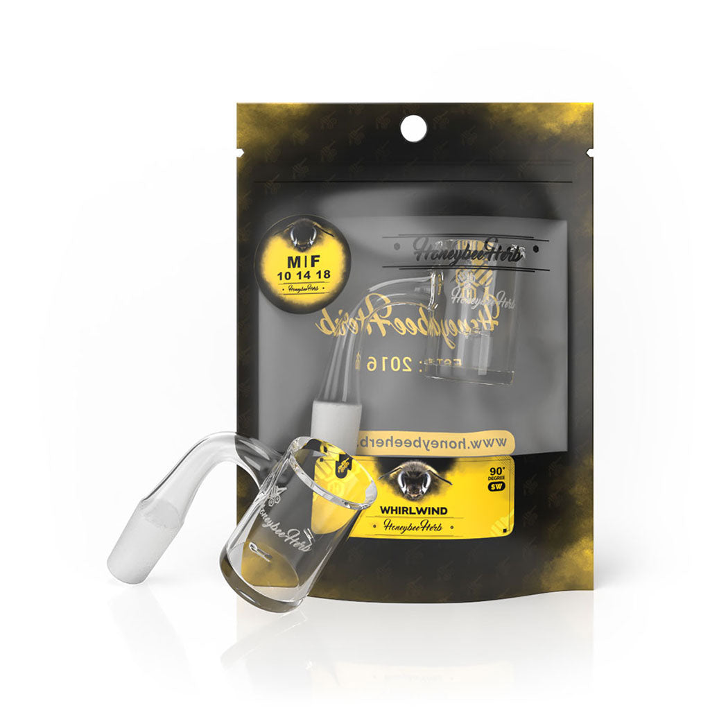Honeybee Herb Whirlwind Quartz Banger at 90Β° angle, clear, for dab rigs, displayed in packaging