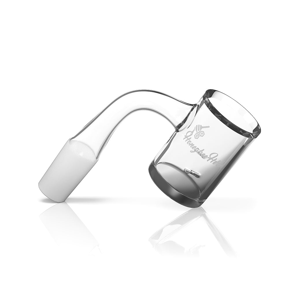 Honeybee Herb Whirlwind Quartz Banger at 90Β° angle, clear flat top design for dab rigs, side view