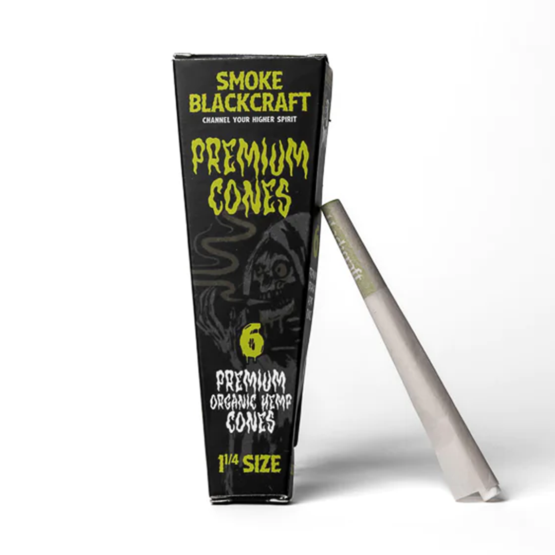 BlackCraft 1 1/4 Organic Hemp Pre-Rolled Cones Pack Front View with Single Cone