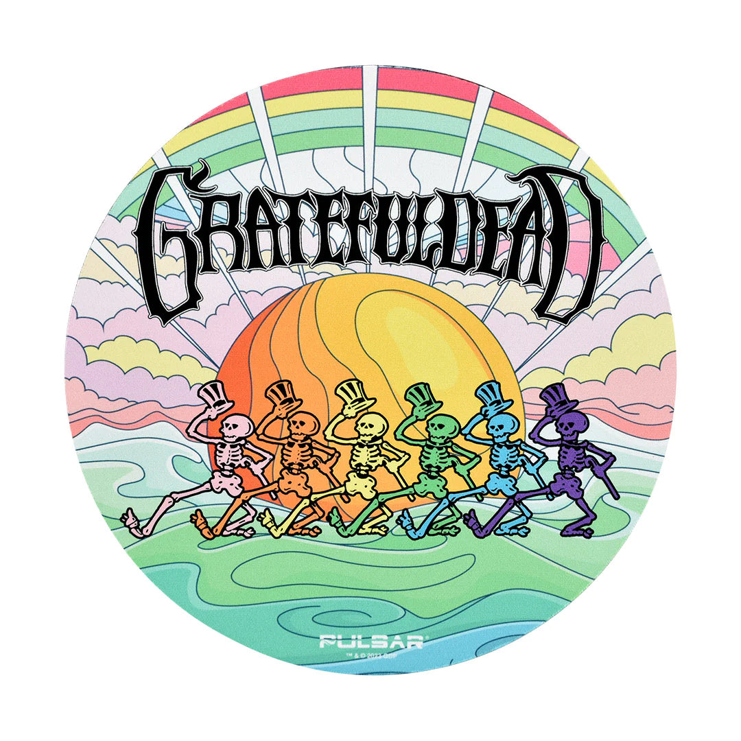 Grateful Dead Round Dab Mat featuring colorful dancing bears and rainbow design, ideal for home decor